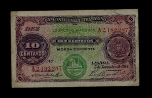 MOZAMBIQUE (1 ) BANK NOTE  10 CENTAVOS 5 . 11 . 1914  P 53 FINE - Picture 1 of 2