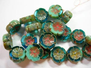 10 Perlen - Capri Blau Türkis Mischung Picasso Tschechisch Glas Blume Beads 14mm - Bild 1 von 1