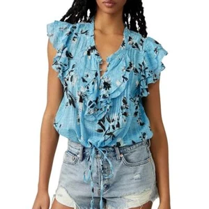 NEW FREE PEOPLE Naya Floral Ruffle Top in Day Dream Blue Flutter Sleeves Ties - Picture 1 of 13