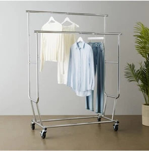 AG&M Clothes Rail with Wheels, Chrome, 128.5-183.5 x 55.5 x 165 cm. Double Bar - Picture 1 of 11