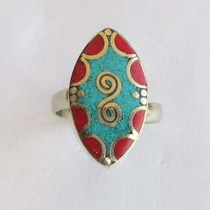 Anillo Tibetano Plata Turquesa Rojo Coral Joyería Original Ajustable Unisex R55 - Imagen 1 de 7