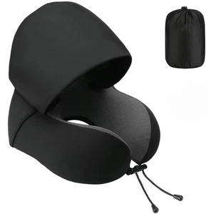Travel Pillow for Neck- Memory Foam With Hood & Protective Bag-Black & Grey - Picture 1 of 3
