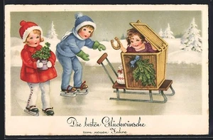 Ansichtskarte Kinder mit Geldsack auf dem Schlitten, Neujahrsgruss 1941 - Bild 1 von 2