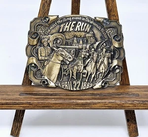Brass Belt Buckle The Run April 22, 1889 USA Award Design Medals Vintage Patina - Picture 1 of 7