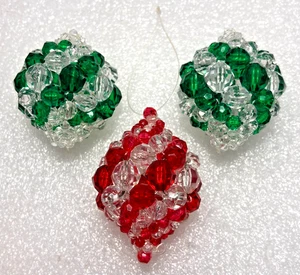 VINTAGE Handmade Beaded Christmas Ornaments Clear Faceted Teardrop - Set of 3 - Picture 1 of 3