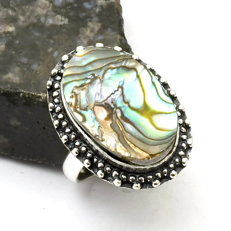 Этническое кольцо из абалона с драгоценным камнем ювелирное изделие подарок на Рождество размер США - 9 AR 38762 - Изображение 1 из 1