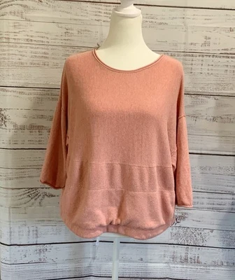 Top Pure Jill XS Petite Rosa Algodón Cachemira Tejido Manga 3/4 Dobladillo Crudo Cuadrado Informal Foto 1 de 4