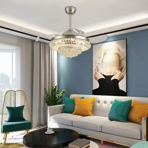 Luxury Invisible Ceiling Fan Light LED Crystal Chandelier Lamp 3-Color W/ Remote - Picture 1 of 50