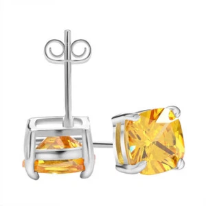 8MM Cushion Cut Yellow AAA Zircon Earrings Stud Silver Color Party Cocktail - Picture 1 of 4