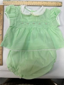 Vintage Green Baby Dress Lace Trim with Matching Bloomers 0-6mo - Picture 1 of 8