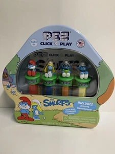PEZ The Smurfs Click & Play Collectible tin Gameboard with 4 Figures NEW SEALED - Picture 1 of 5