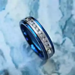 Men's Tungsten Brushed Silver Inlay & 9 Channel Set CZ Wedding Ring - 6mm - Picture 1 of 10