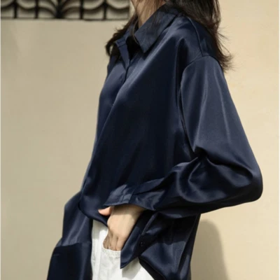 Femme Brillant Satin Chemise Manches Longues Faux Soie Bouton Haut Chemisier - Photo 1/4