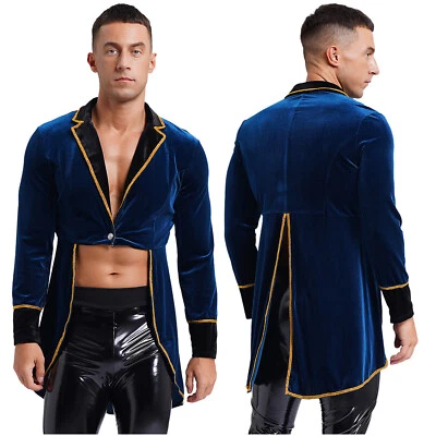 Jaqueta Masculina Veludo Ringmaster Fantasia Casaco Liso Acabamento Dourado Uniforme Decote V Macia - Imagem 1 de 3