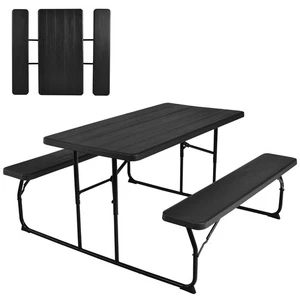 Indoor & Outdoor Folding Picnic Table Bench Set w/ Wood-like Texture Black - Picture 1 of 8
