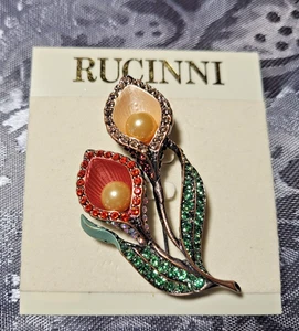 Vintage RUCINNI BROSCHE - CALLA LILIE - BLUME - MEHRFARBIGE KRISTALLE & KUNSTPERLEN - Bild 1 von 5