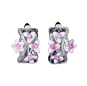 Pink Enamel Zircon Multi Flower Design Huggie Earrings Platinum Plated Retro - Picture 1 of 3