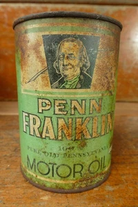 Rare Vintage PENN FRANKLIN Motor Oil Metal One Quart Solder Seem Oil Can - Empty - Picture 1 of 6