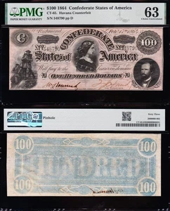 Amazing CHOICE UNC T-65 1864 $100 "Havana Cft" Confederate CSA Note! PMG 63! - Picture 1 of 3