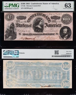 Amazing CHOICE UNC T-65 1864 $100 "Havana Cft" Confederate CSA Note! PMG 63! - Image 1 of 3
