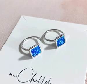 White and Blue Square Opal Open Earrings,Opal Ear Threaders - Picture 1 of 7