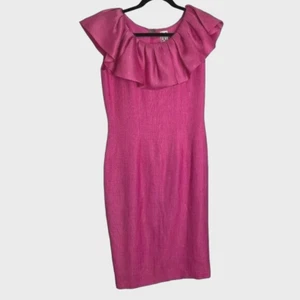 DIANE DICKINSON Vintage Pink Woven Sheath Pencil Midi Dress Ruffle XS/S - Picture 1 of 8