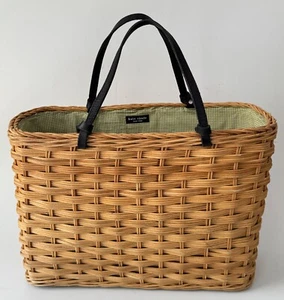 Kate Spade Wicker Basket Nantucket Bag Green Check Lining Vintage - Picture 1 of 13