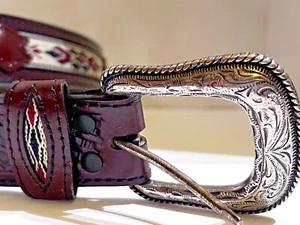 Men's Handmade Western Embroidered Silver Tone Conch Belt Fancy Designs Size 44  - Picture 1 of 8