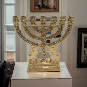 Menorah 7 Branches Gold Brass copper Menora Lion Of Judah - 9" Inch(23cm) Hight - Picture 1 of 17