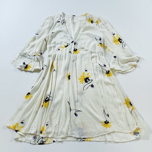 OFF WHITE Free People Off White Panna Floreale Rayon Mezza Manica Avvolgente Mini Abito Donna XS