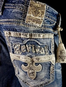 $220 Mens Rock Revival Jeans "Raien" Snake Leather Inserts Straight 33 X 29 - Picture 1 of 12