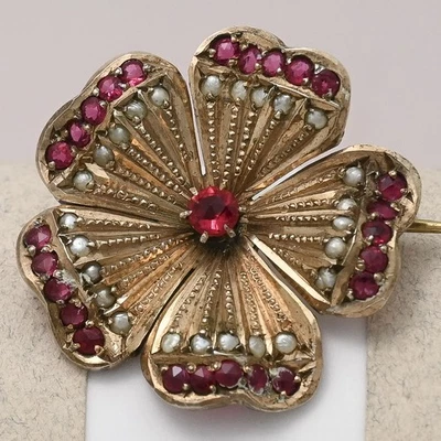 Antique Victorian Primrose Flower Garnet Seed Pearl Gold Plate Brooch Pin - Image 1 of 4