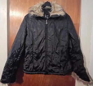 KC Collections M Black Checker Zip Faux Fur Cuff Collar Puffer Winter Storm Coat - Picture 1 of 8