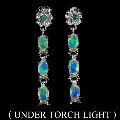 Pendientes de plata de ley 925 ovalados ópalo de fuego esmeralda piedras preciosas naturales joyería Foto 1 de 4