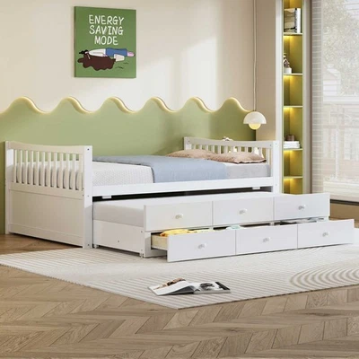 Full Size Daybed Sofa Bed Frame w/ Twin Size Trundle 3Drawers Wood Slatted White - Image 1 of 4