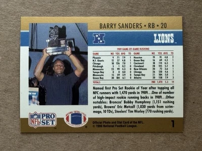 Tarjeta de error Barry Sanders Proset #1 1990 (frente en blanco) Foto 1 de 2