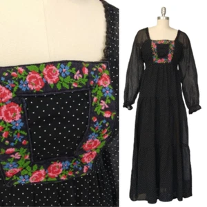 VTG 70s Prairie Maxi Dress Size S Black Polka Dot Embroidered Bohemian Hippy - Picture 1 of 10