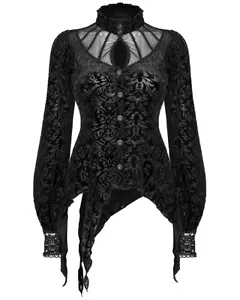 Punk Rave Womens Gothic Steampunk Blouse Top Black Velvet Lace Victorian Damask - Picture 1 of 13