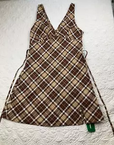 SHEIN EZwear Plaid Print V Neck Dress Coffee Large L 40/42 8/10 Zip Side Tieback - Picture 1 of 10