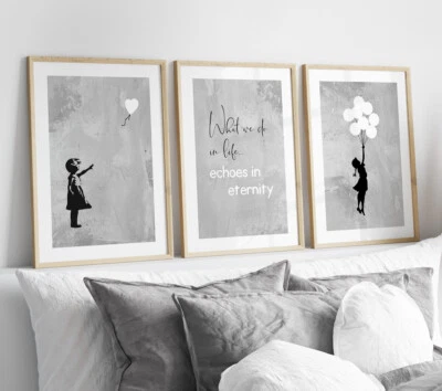 Set of 3 Banksy Heart Balloon Girl Wall Art Posters Quote Prints Pictures Grey - Image 1 of 4