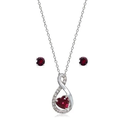 Sterling Silver Created Ruby & White Topaz Infinity Heart Necklace Earrings Set - Image 1 of 4