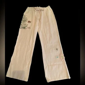 Nordstrom AZIZ Boho pink linen wide leg pants Frayed edges, patches NWOT size L - Picture 1 of 16