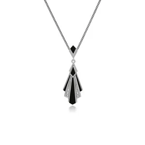 Art Déco Stile Nero Onice E Marcasite Fan Ciondolo Collana IN Argento Sterling - Foto 1 di 1