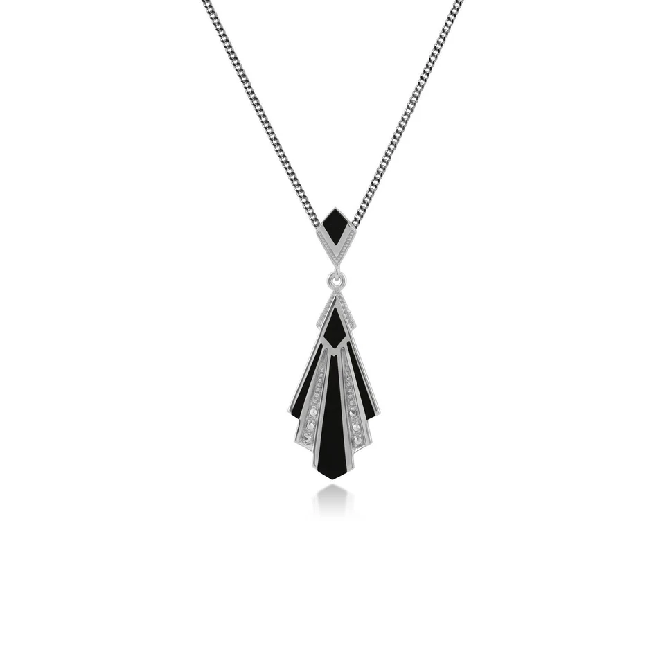 Art Déco Stile Nero Onice E Marcasite Fan Ciondolo Collana IN Argento Sterling - Immagine 1 di 1