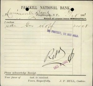 1891 Poughkeepsie New York (NY) FALLKILL NATIONAL BANK Bank Statement J. F. HULL - Picture 1 of 2