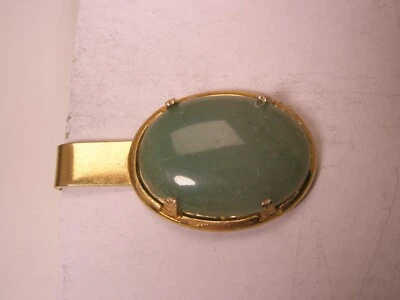 1-5/8" Genuine Jade Green Stone Cabochon Vintage SMALL Tie Bar Clip plain design - Image 1 of 4