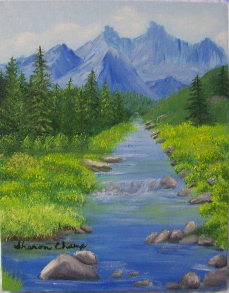 Original Landscape Oil Painting on Canvas - Bob Ross Style - Rocky Creek - Image 1 of 1