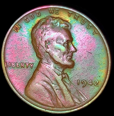 1942 Lincoln Wheat Cent Penny   "MONSTER" "RAINBOW" "TONED" "WOODY" #H-98 - Image 1 of 2
