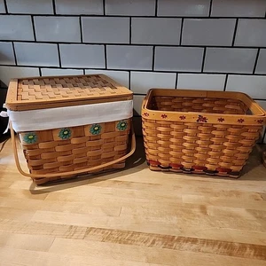 Lot of 2 Vintage Country Woven Collection Hand Painted Baskets Picnic Storage - Picture 1 of 20