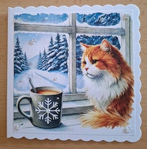 3D-Grusskarte ° Kätzchen am Fenster ° ❄️☃️🌨  Weihnachten Handarbeit NEU - Bild 1 von 1